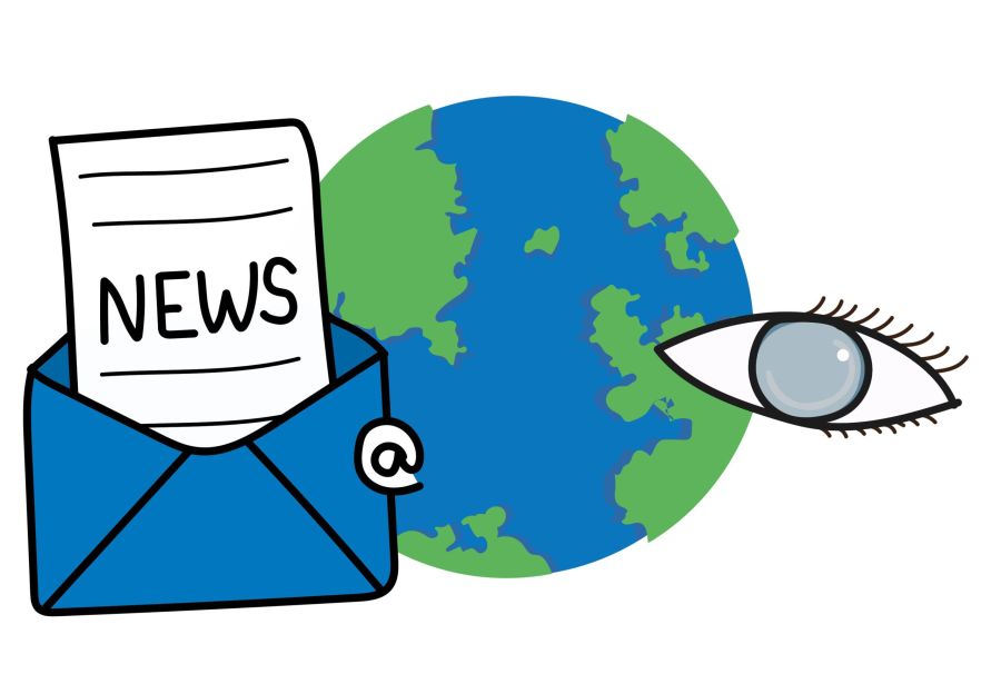 Illustration, with on the far left a paper sticking out af an envelope with news on it, in the middle the globe and on the right a blind eye